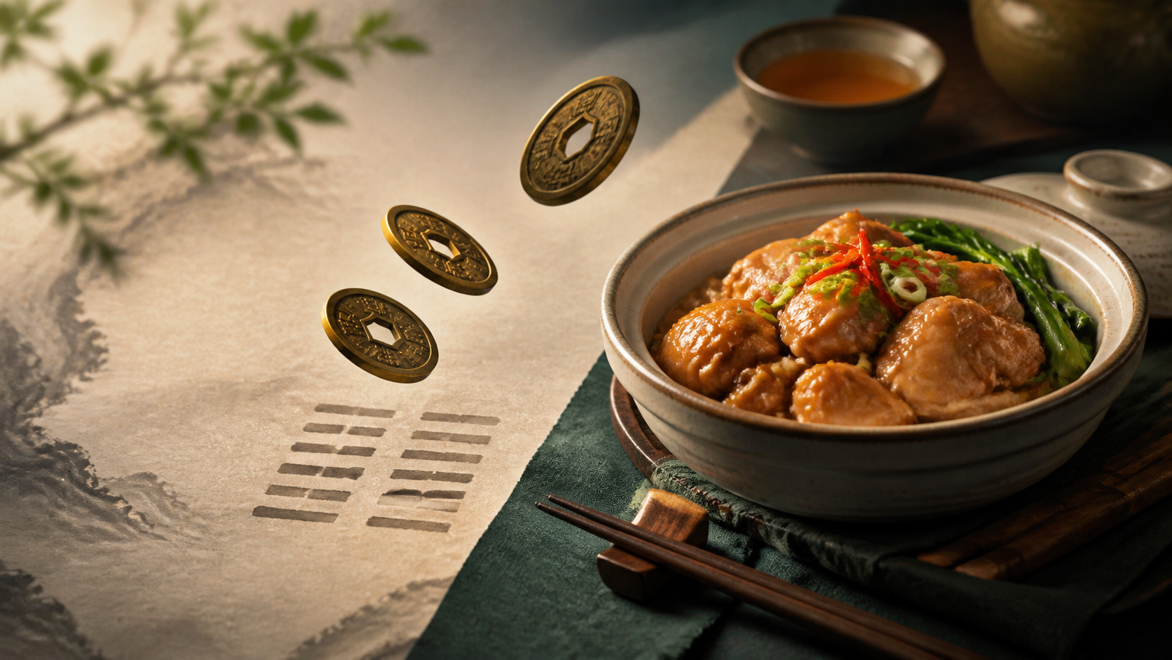 铜钱、卦象和热菜组成的天选菜主视觉